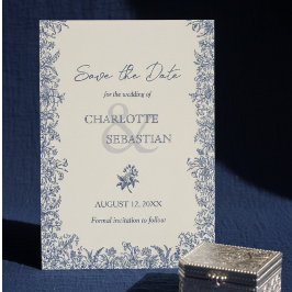 Blauwe botanische rand vintage bruiloft save the date