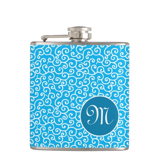 Blauwe Botanische Spiraal Vine Karakusa Patroon Heupfles (Voorkant)