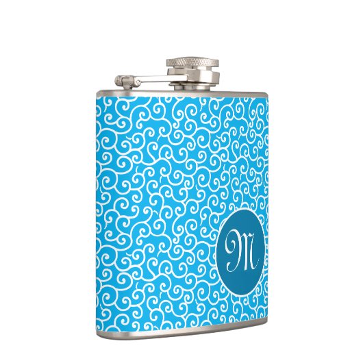 Blauwe Botanische Spiraal Vine Karakusa Patroon Heupfles (Rechts)