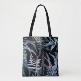 Blauwe botanische varens op donkere achtergrond tote bag