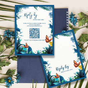 Blauwe Botanische Vlinder QR Code Huwelijksreactie RSVP Kaartje