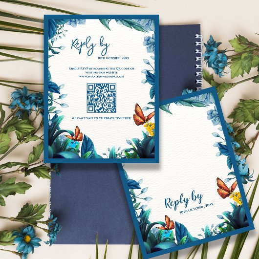 Blauwe Botanische Vlinder QR Code Huwelijksreactie RSVP Kaartje