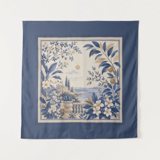 Blauwe Botanische Wandtapijt Wandkleed (Voorkant)