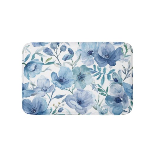 Blauwe Botanische Waterverf Bloem Tuin Badmat (Voorkant)