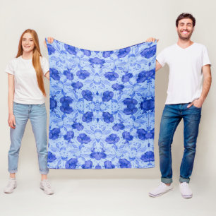 Blauwe Botanische Waterverf Bloemen Fleece Deken
