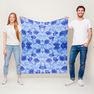Blauwe Botanische Waterverf Bloemen Fleece Deken