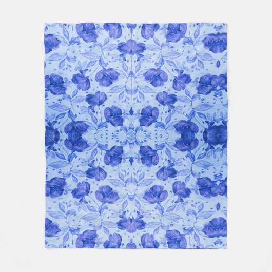Blauwe Botanische Waterverf Bloemen Fleece Deken (Voorkant)