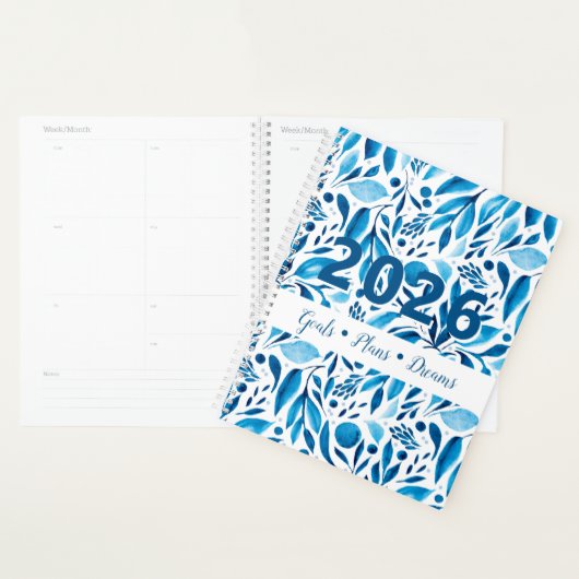 Blauwe Botanische Waterverf Bloemstuk 2026 Aanpasb Planner (Display)