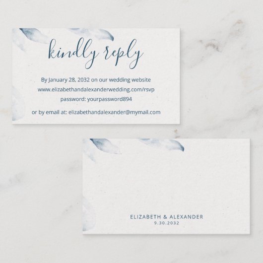 Blauwe botanische waterverf eenvoudig online RSVP Informatiekaartje (Voorkant / Achterkant)