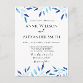 Blauwe Botanische Waterverf Winterbruiloft uitnodi Briefkaart