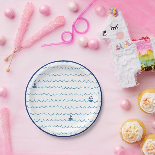 Blauwe boten Waves Summer Party Nautical Ship Papieren Bordje (Feest)