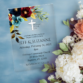 Blauwe Bourgogne Bloemenkruis 2 wordt één Vellum Uitnodigingen