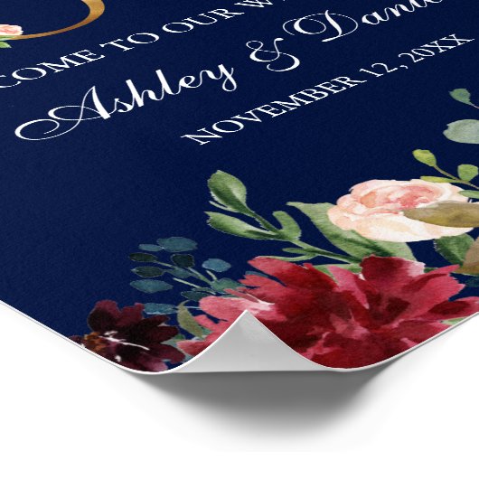 Blauwe Bourgogne Floral Gold Love Weduwen Welkom Poster (Hoek)