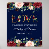 Blauwe Bourgogne Floral Gold Love Weduwen Welkom Poster (Voorkant)