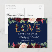 Blauwe Bourgogne Waterverf Floral Love Save the Da Aankondigingskaart (Voorkant / Achterkant)