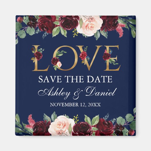 Blauwe Bourgogne Waterverf Floral Love Save the Da Magneet (Voorkant)