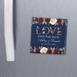 Blauwe Bourgogne Waterverf Floral Love Save the Da Magneet<br><div class="desc">Waterverf Blue Burgundy Floral Love Save the Date Magnet - Square</div>