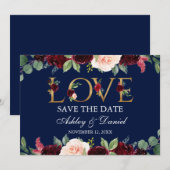 Blauwe Bourgogne Waterverf Floral Love Save the Da Save The Date (Voorkant / Achterkant)