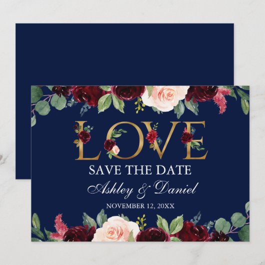 Blauwe Bourgogne Waterverf Floral Love Save the Da Save The Date (Voorkant / Achterkant)