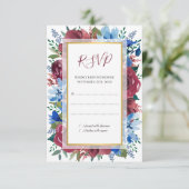 Blauwe Bourgondische Botanische Bloemen Gouden Bru RSVP Kaartje (Staand voorkant)
