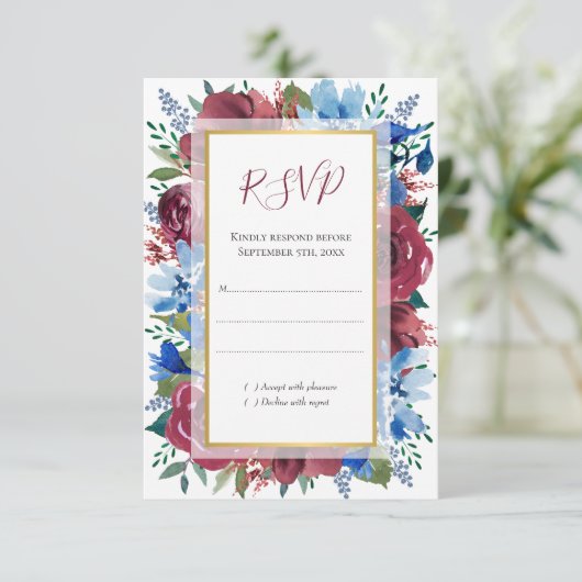 Blauwe Bourgondische Botanische Bloemen Gouden Bru RSVP Kaartje (Staand voorkant)