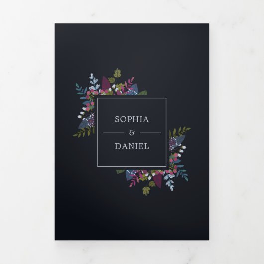 Blauwe Bourgondische olijfbladeren bruiloft Drieluik Uitnodiging (Cover)