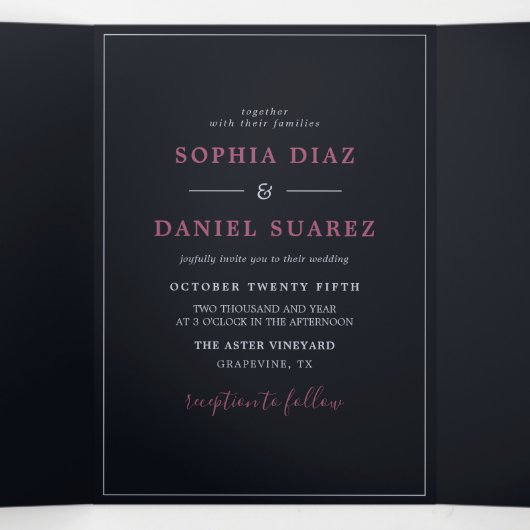 Blauwe Bourgondische olijfbladeren bruiloft Drieluik Uitnodiging (Binnenkant midden)