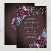 Blauwe Bourgondische String Lights Bloemen Hout Br Kaart (Voorkant / Achterkant)