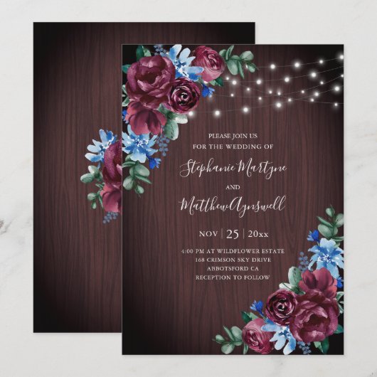 Blauwe Bourgondische String Lights Bloemen Hout Br Kaart (Voorkant / Achterkant)