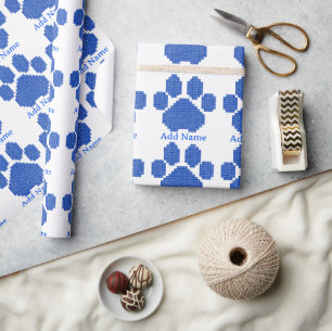Blauwe Bouwstenen Hondenpoot Print Aangepaste Naam Cadeaupapier
