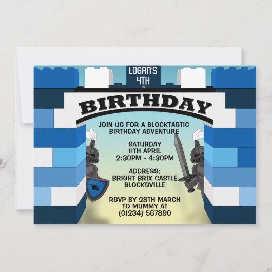 Blauwe bouwstenen Kasteel Birthday-uitnodigingen Kaart (Voorkant)