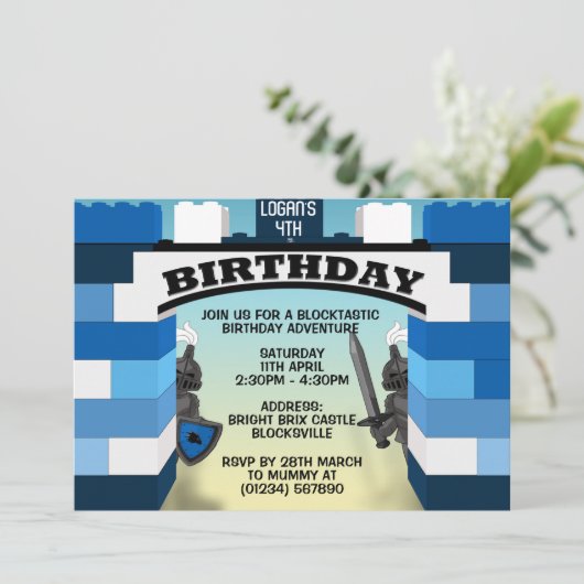 Blauwe bouwstenen Kasteel Birthday-uitnodigingen Kaart (Staand voorkant)