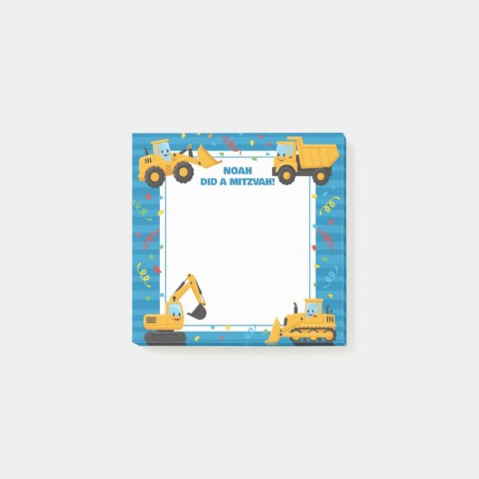 Blauwe Bouwtrucks Gepersonaliseerde Mitzvah Post-it® Notes (Voorkant)