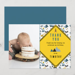 Blauwe Bouwtrucks Site Foto Verjaardagsfeestje Bedankkaart