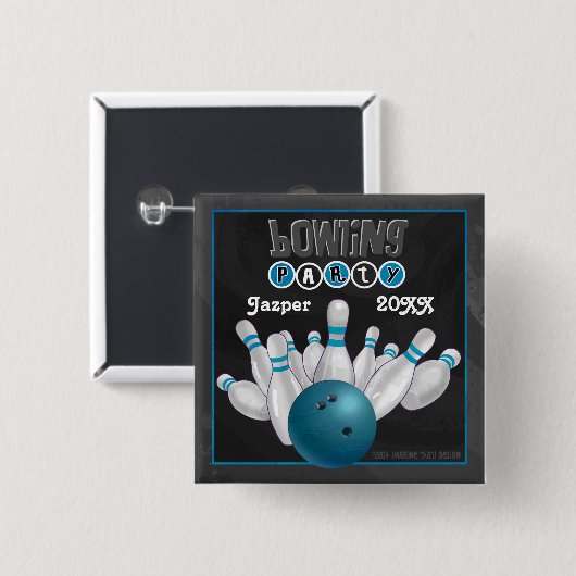 Blauwe Bowling Party Vierkante Button 5,1 Cm (Voorkant /achterkant)