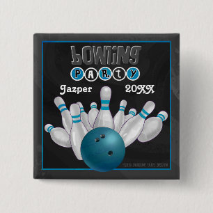 Blauwe Bowling Party Vierkante Button 5,1 Cm