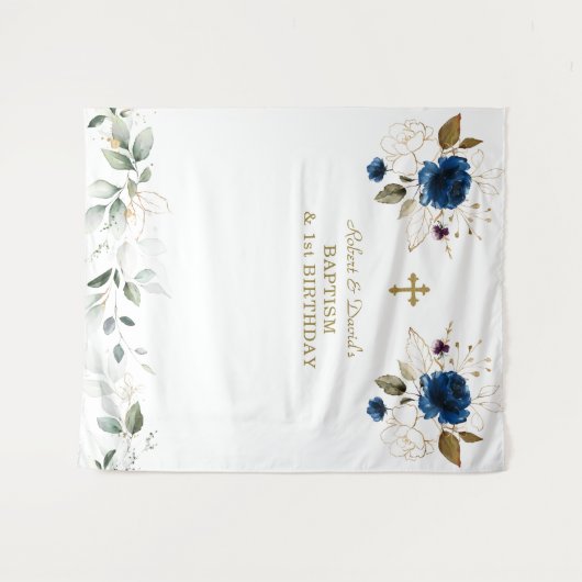 Blauwe boys Twins 1st Birthday Baptisme Wandkleed (Voorkant (horizontaal))