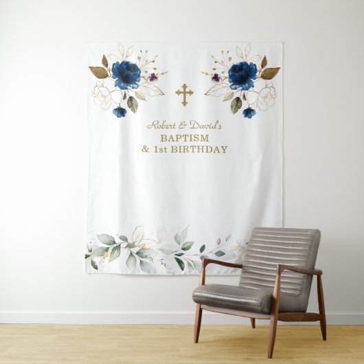 Blauwe boys Twins 1st Birthday Baptisme Wandkleed (In situ)