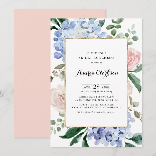 Blauwe brandkranen en roze rozen Bridal Luncheon Kaart (Voorkant / Achterkant)