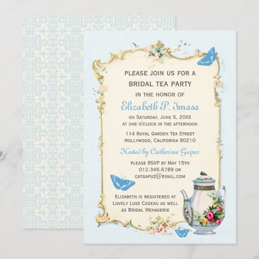 Blauwe  Bridal Tea Party Kaart (Voorkant / Achterkant)