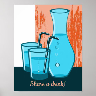 Blauwe Bril, Rietje & Karaffe Deel een drankje! Poster