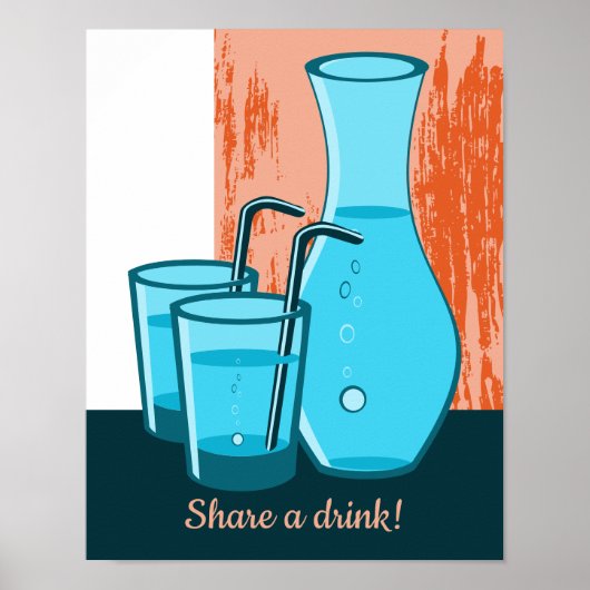 Blauwe Bril, Rietje & Karaffe Deel een drankje! Poster (Voorkant)