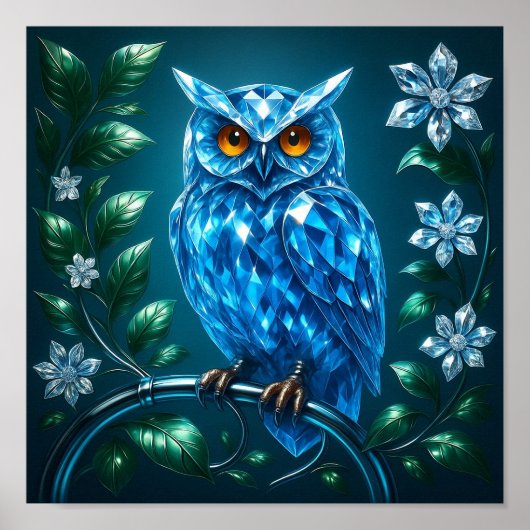 Blauwe Briljante Uil op Messing Tak Poster (Voorkant)