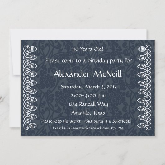 Blauwe Brocade Birthday Uitnodiging (Achterkant)