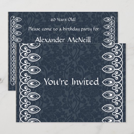 Blauwe Brocade Birthday Uitnodiging (Voorkant / Achterkant)