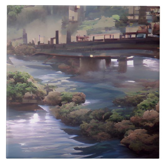 Blauwe brug digitale kunst tegeltje (Voorkant)