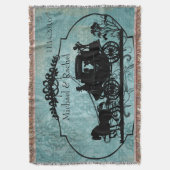 Blauwe  bruid en bruidegom paard en buggy gooien deken (Voorkant Verticaal)