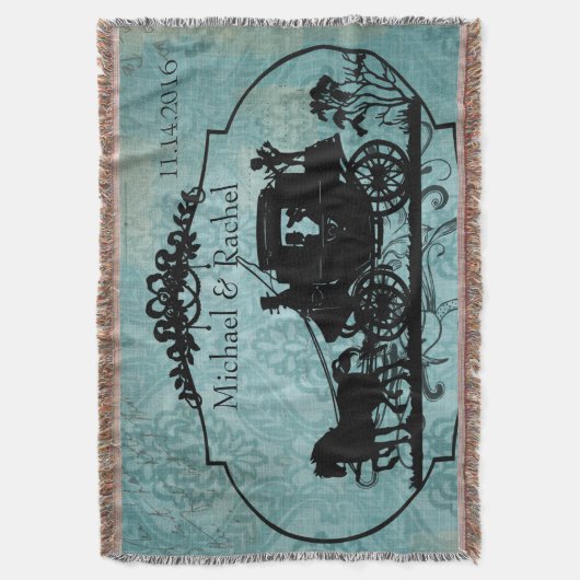 Blauwe  bruid en bruidegom paard en buggy gooien deken (Voorkant Verticaal)