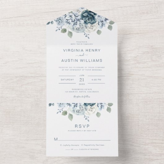 Blauwe bruiloft all in one uitnodiging (Binnen)