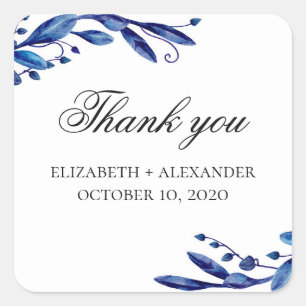 Blauwe bruiloft dank u. Bloemenmarine waterverf Vierkante Sticker